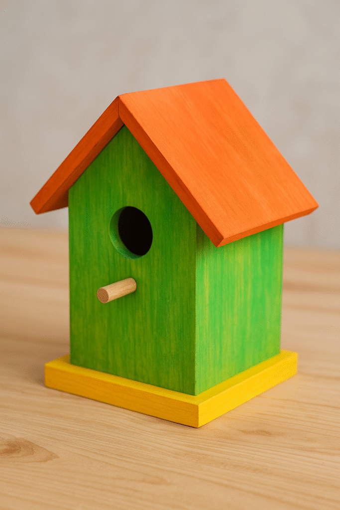 Birdhouse with a perch yellow base green sides and orange roof with hole in center