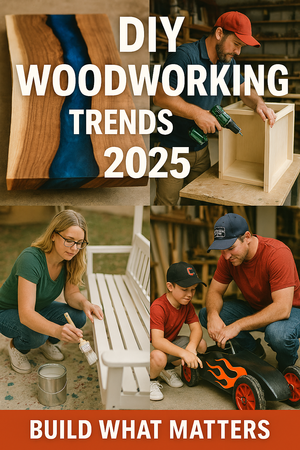 Live-edge wood shelf with blue epoxy resin channel, trending DIY project for 205:Fold-down modular cabinet with adjustable shelves, smart storage woodworking trend::Hand-built wooden derby car with flame decals, part of 2025 family woodworking revival