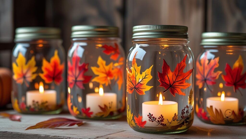 4 Ball Jars with ring lids on them with a candle in each jar and it is lit and the jars have fall colored leaves painted on them