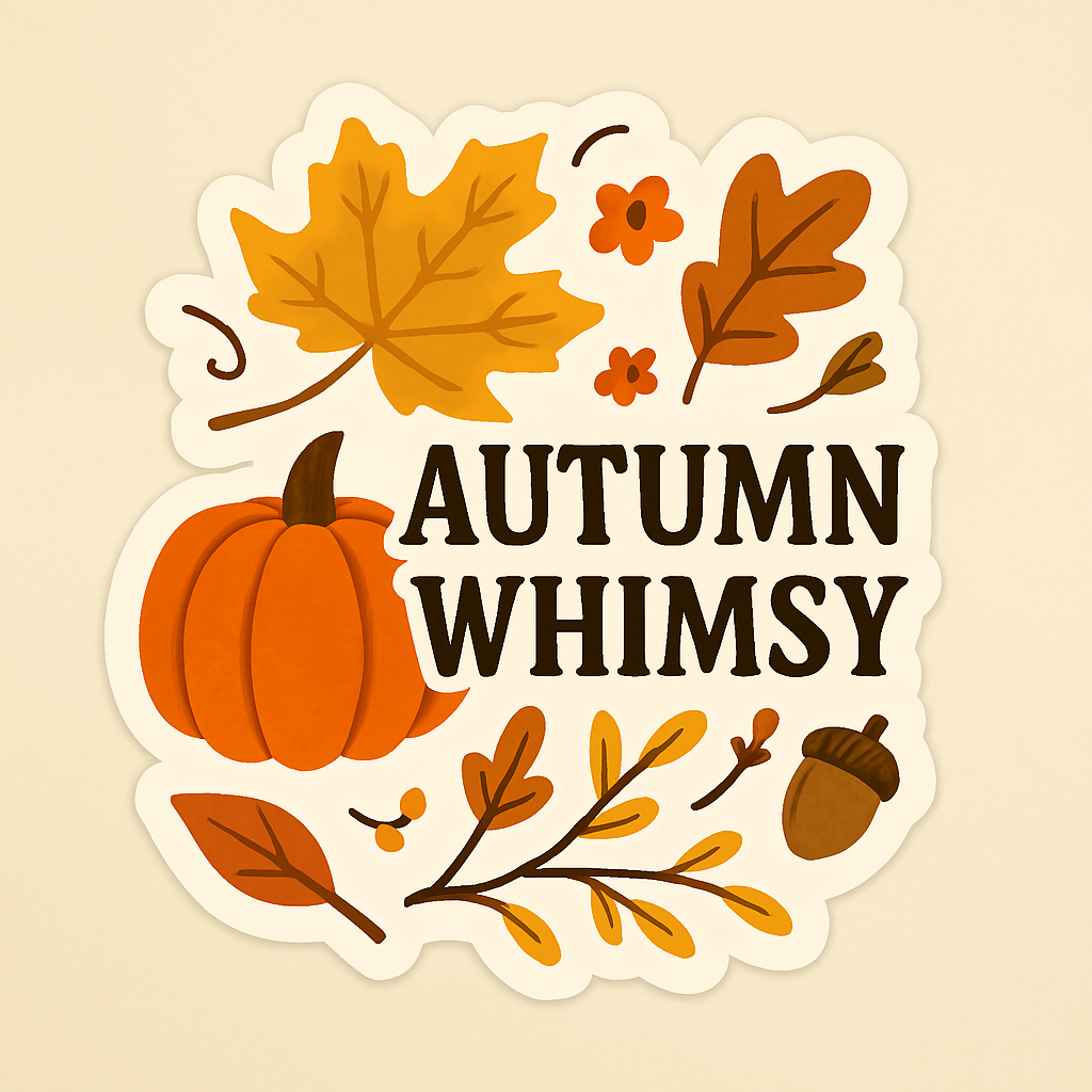 Autumn Whimsy sign with colored leaves and a pumpkin