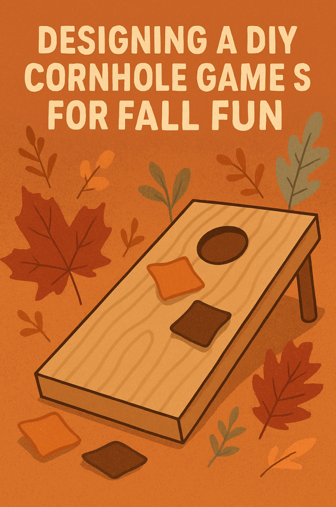 Corn hole board with leaves and sand bags