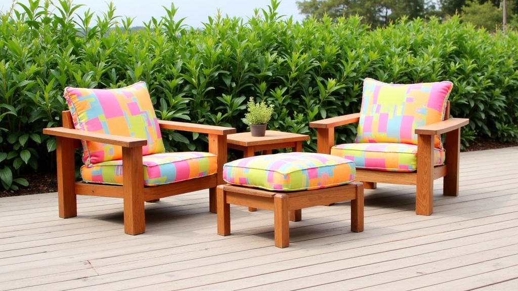 custom outdoor and patio furniture on a deck next to a garden