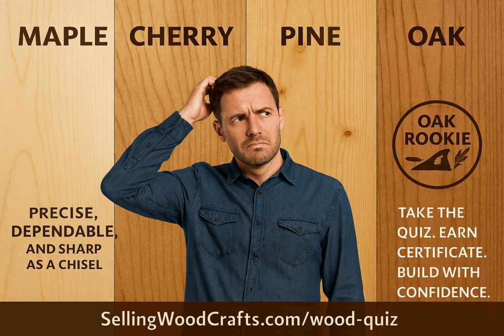 “Man scratching head in front of labeled wood panels—Maple, Cherry, Pine, Oak—representing beginner confusion in woodworking”