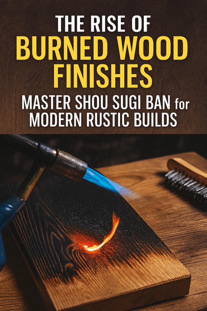 A piece of wood burnt with blue flamed torch still burning wood and wire brush laying close by  on a work bench.